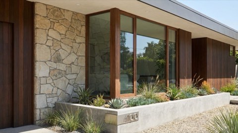A close-up of architectural details on a mid-century modern home exterior in Studio City at midday