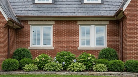 A close exterior view of a well-maintained traditional home's roofline, windows, and foundation landscaping.