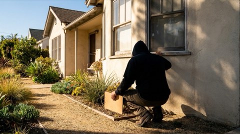 A person in silhouette inspecting the exterior of a Venice bungalow with a clipboard