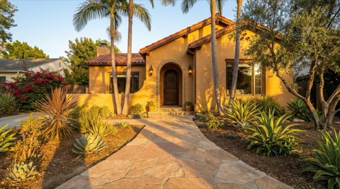A Spanish-influenced single-family home with an arched doorway and manicured landscaping, photographed from a low angle at golden hour.