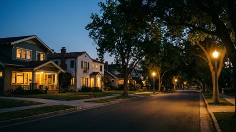 A quiet Beverlywood residential street at dusk with porch lights glowing warmly