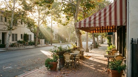 An empty coffee shop patio on a Los Feliz village street in warm morning light