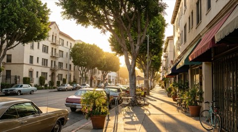 A vibrant tree-lined sidewalk streetscape with historic apartment buildings and small shops in warm late-afternoon light