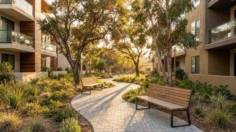 A landscaped courtyard walking path with benches and greenery between modern buildings, lit by warm late-afternoon light.