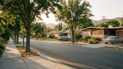 A quiet flatland residential street in Studio City with cozy mid-century homes at soft afternoon light
