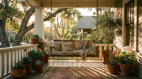 A warm, inviting front porch with a porch swing and potted plants in late-afternoon light.