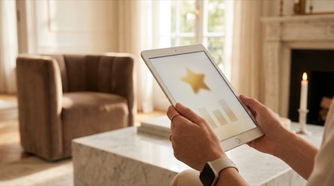 Hands holding a tablet showing a blurred star-rating review screen