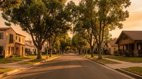 A warm golden-hour view down a tree-lined Beverlywood street with traditional homes glowing in low sunlight