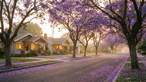 A golden hour street scene with blooming jacaranda trees lining a Mar Vista road