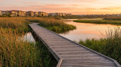 A wooden boardwalk trail through wetlands reeds with still water reflecting a golden-hour sky and buildings faintly visible in the distance.