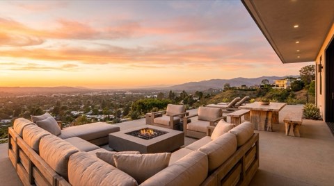 A hillside patio overlooking the San Fernando Valley from a Studio City home at golden hour