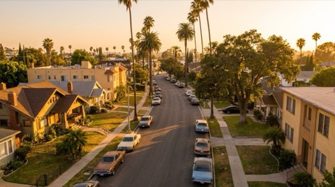 A warm golden-hour view down a tree-lined residential street with a mix of low-rise condo buildings, single-family homes, and swaying palm trees glowing in sunset light.