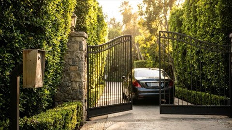 An open gated estate entrance with tall hedges and an unmarked intercom pillar in late-afternoon light