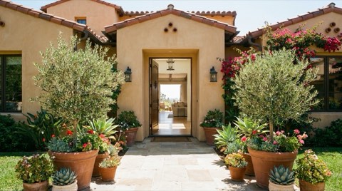 A welcoming home entrance with an open front door, clean walkway, and potted plants