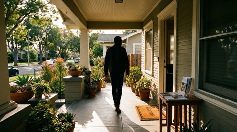 A home entryway in Culver City during an open house, viewed from behind a visiting buyer.