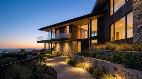 An elegant Hollywood Hills hillside home exterior at dusk, with warm landscape lighting on a stone walkway and softly glowing windows against a blue-hour sky