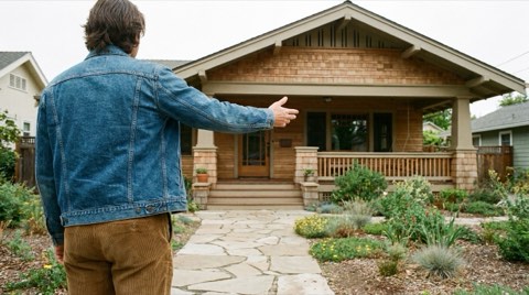 A person seen from behind gesturing toward a home exterior on a Mar Vista front walkway