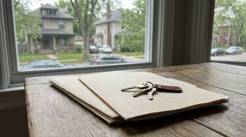 Blank folders and a set of house keys resting on a wooden table near a window with a residential street outside.