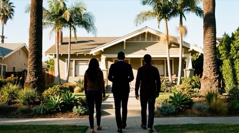 An agent and clients in silhouette walking up to a Venice bungalow for sale