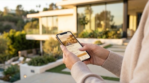 Hands holding a phone with a home-search app in front of a Los Angeles house